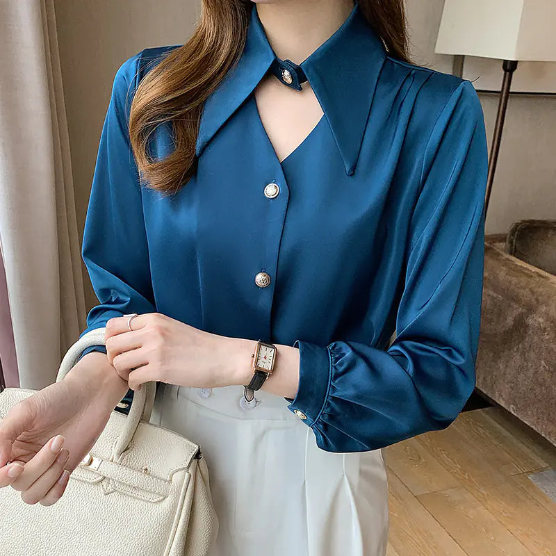 Elegant V-Neck Satin Blouse for Women – Premium Office & Casual Style - Everlynk