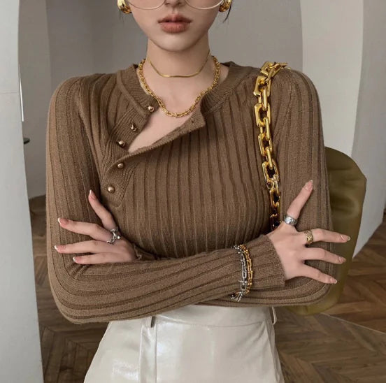 Women’s Knit Turtleneck Button-Up Top with Shoulder Cutouts – Chic, Elegant & Comfy - Everlynk