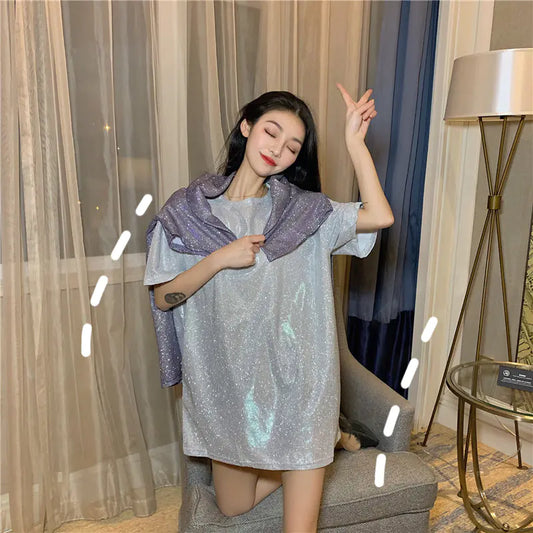 Long Sparkling Loose Fit T-Shirt – Elegant Shiny Silk Top for Women