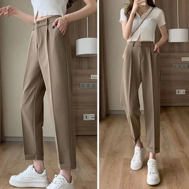 High-Waisted Gray Suit Trousers for Women — Effortless Autumn Elegance