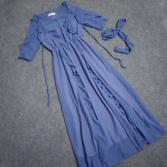 Bohemian Summer V-Neck Ruffle Chiffon Tie Dress – Elegant & Breezy