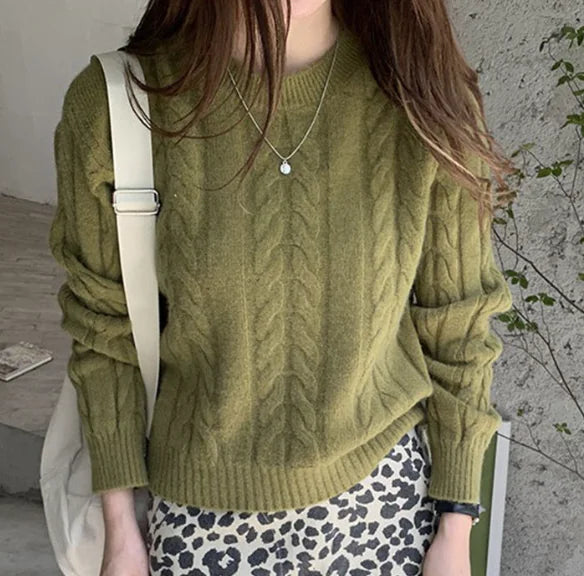 Women’s Vintage Chunky Knit Sweater – Soft Round Neck Autumn Pullover - Everlynk