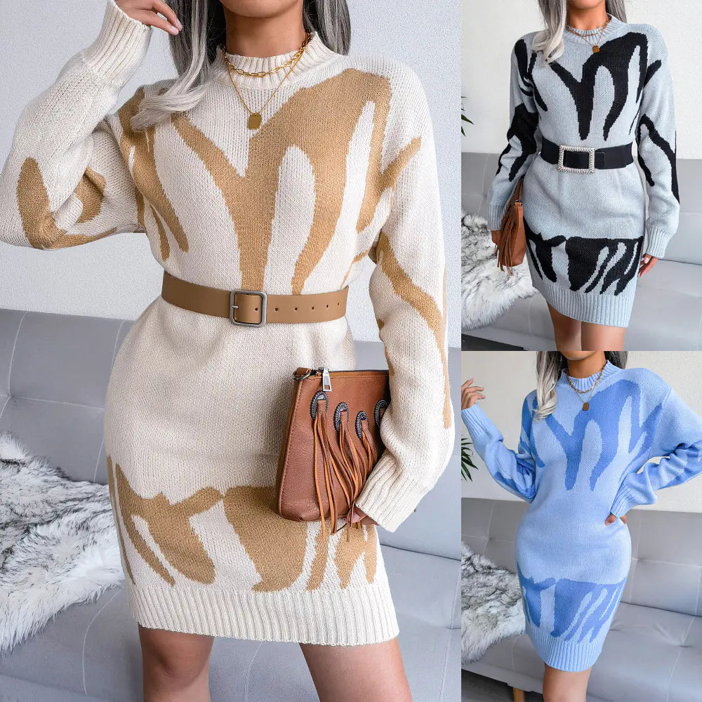 Geometric Knit Sweater & Skirt Set – Chic Winter Streetwear Outfit.