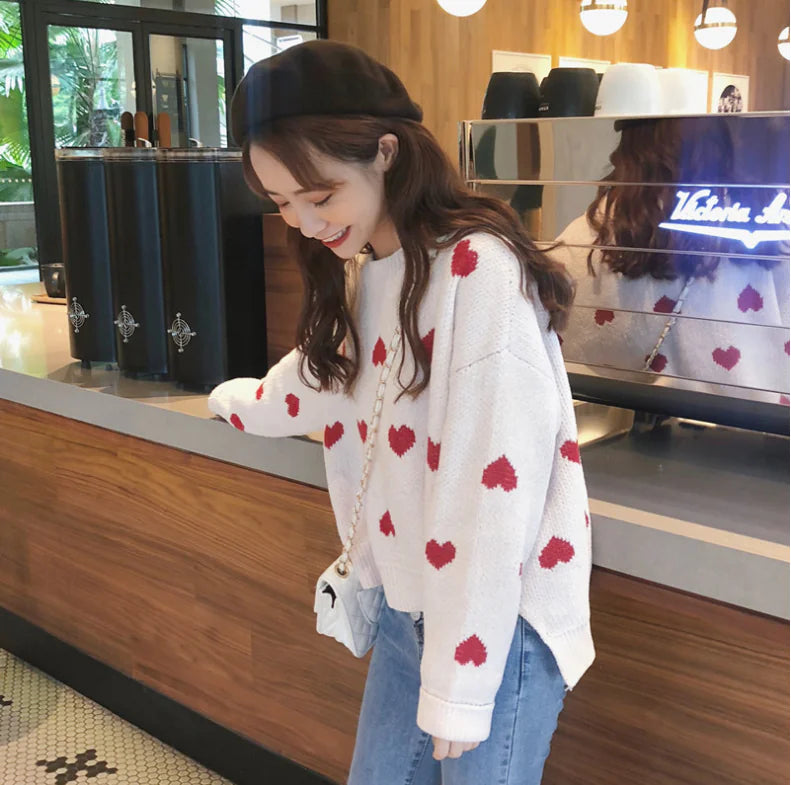 Loose Knit Heart Sweater – Cozy Women’s Fashion Pullover