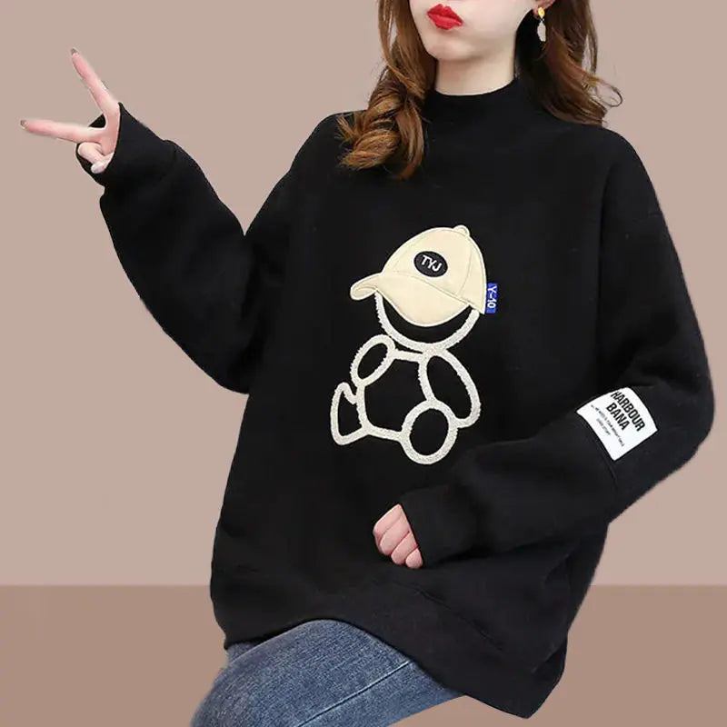 Casual Loose Cartoon Sweater – Cozy Round Neck Cotton Knit