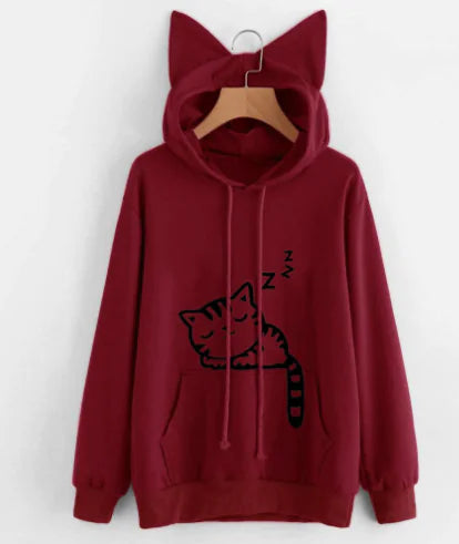 Cozy Loose Fleece Cat Print Hoodie for Women – Cute & Comfy