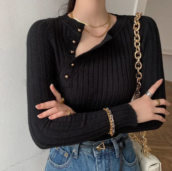 Women’s Knit Turtleneck Button-Up Top with Shoulder Cutouts – Chic, Elegant & Comfy - Everlynk