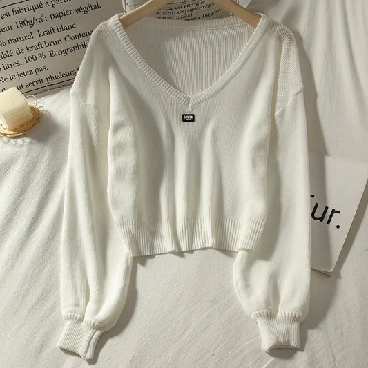 Loose-Fit V-Neck Knit Sweater for Women – Autumn Korean Fashion - Everlynk