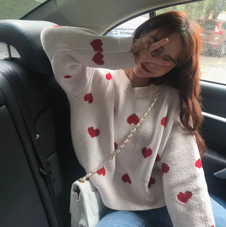 Loose Knit Heart Sweater – Cozy Women’s Fashion Pullover