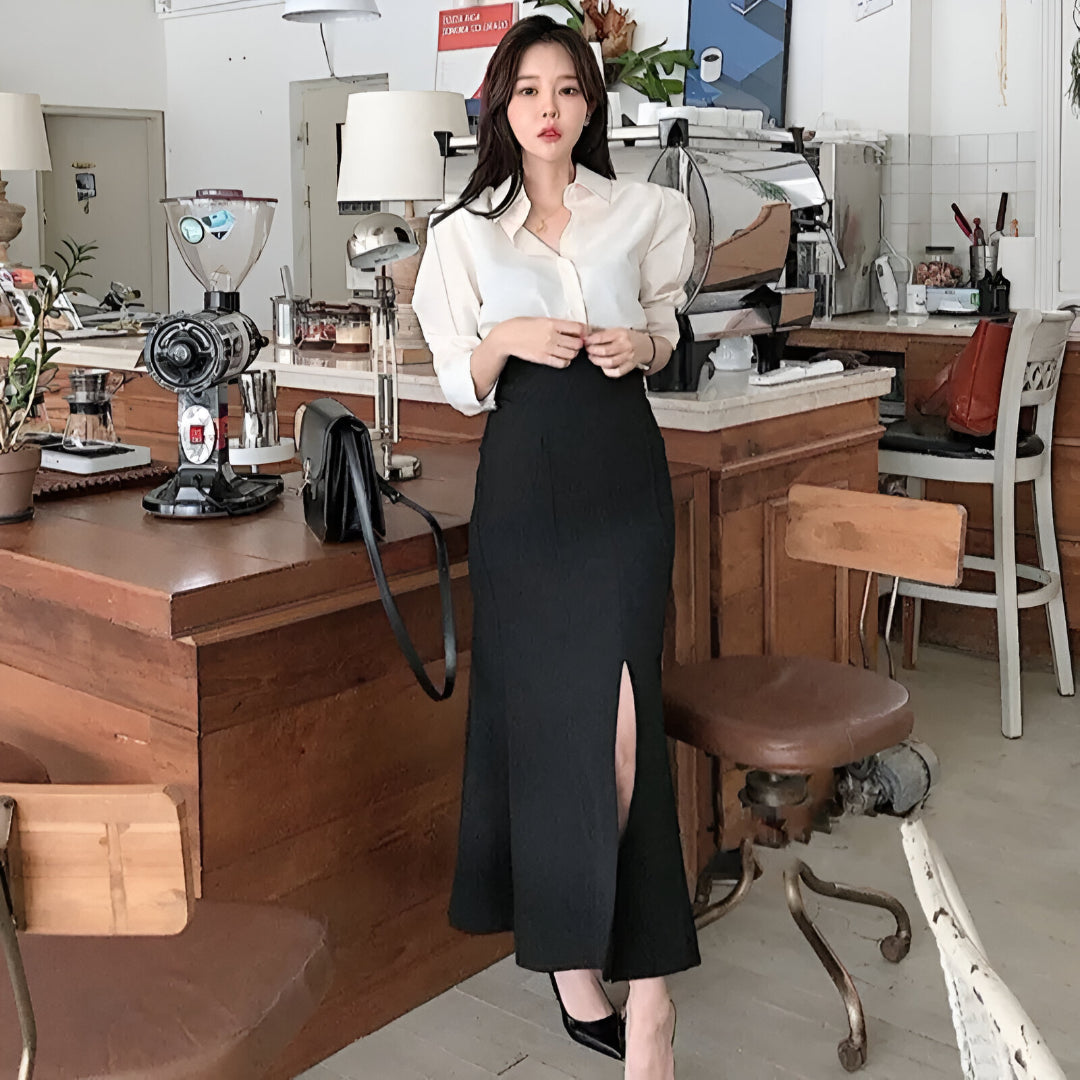 Elegant Shirt & High Waist Skirt Set – Autumn/Winter Chic