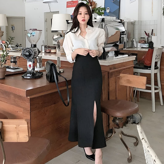 Elegant Shirt & High Waist Skirt Set – Autumn/Winter Chic