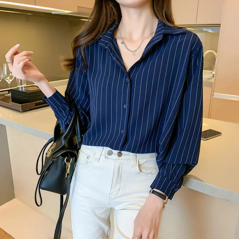 Simple Stripe Women’s Chiffon Shirt for Office Fashion