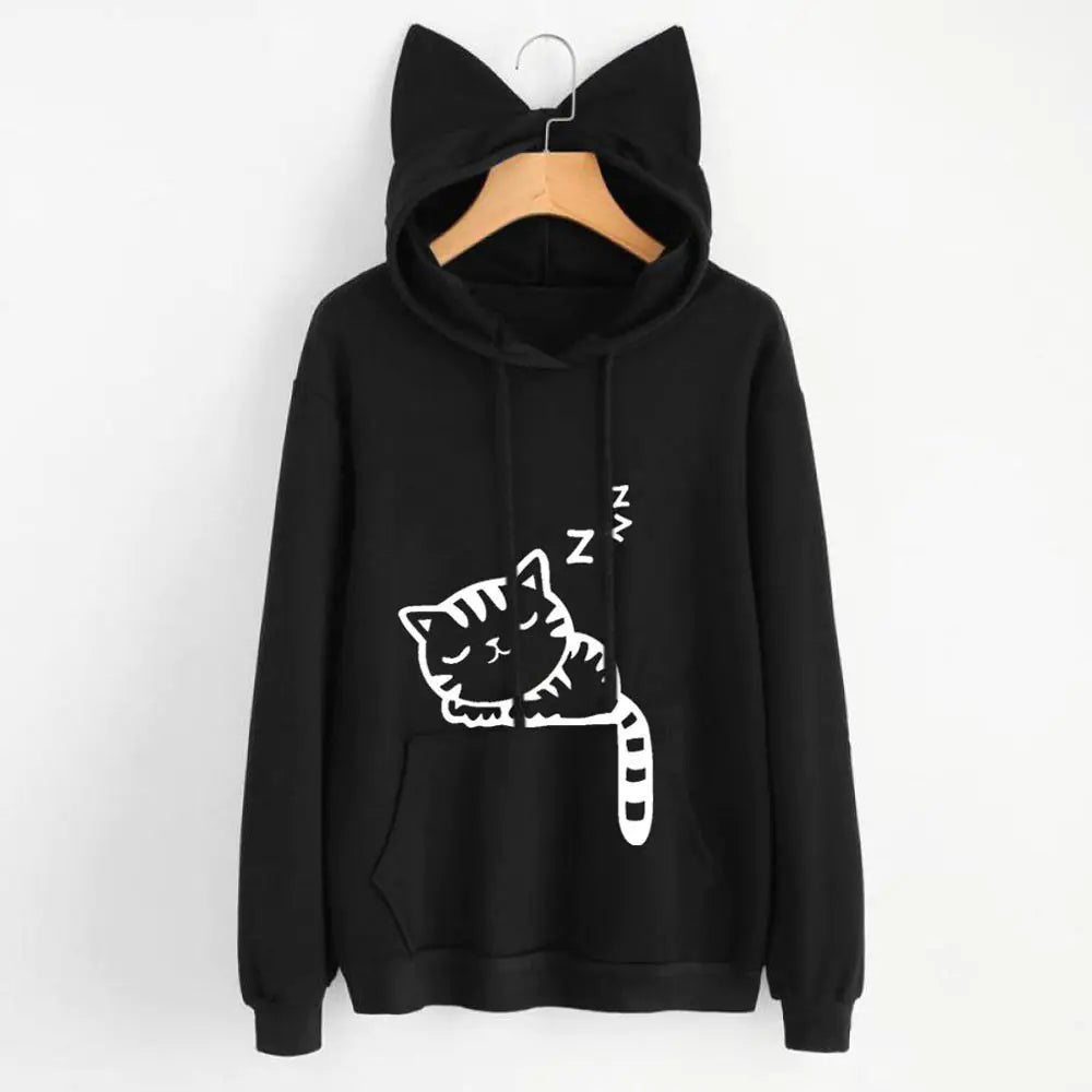 Cozy Loose Fleece Cat Print Hoodie for Women – Cute & Comfy