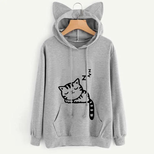 Cozy Loose Fleece Cat Print Hoodie for Women – Cute & Comfy