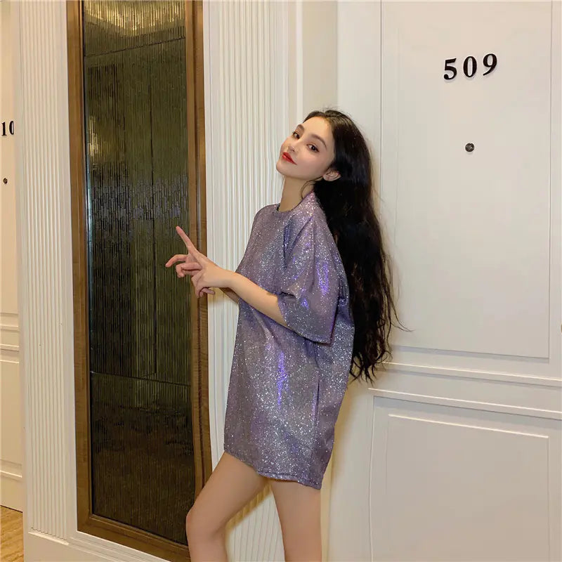 Long Sparkling Loose Fit T-Shirt – Elegant Shiny Silk Top for Women